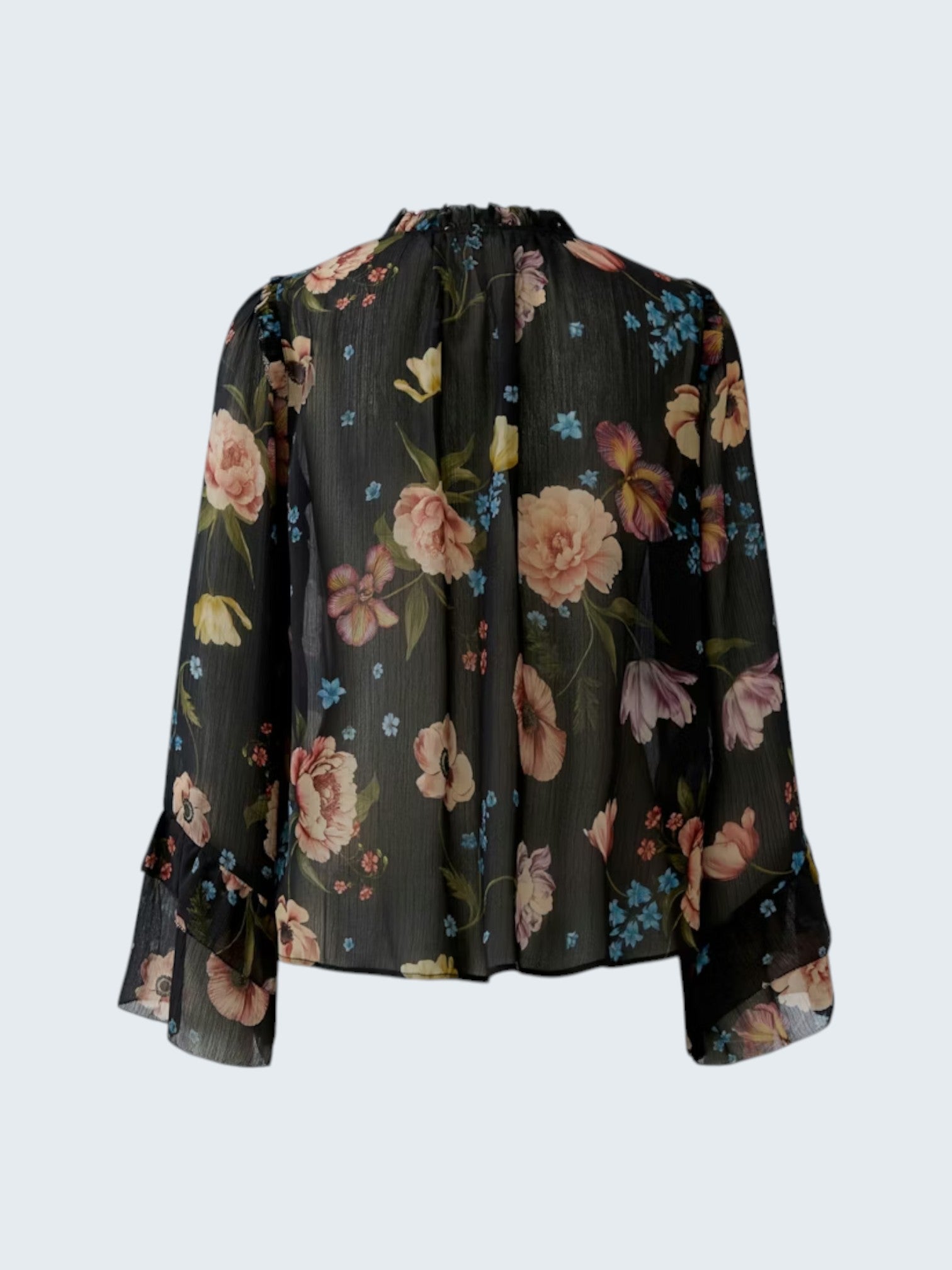oui-ua.store black chiffon boho blouse with floral print, ruffles, and wide sleeves.